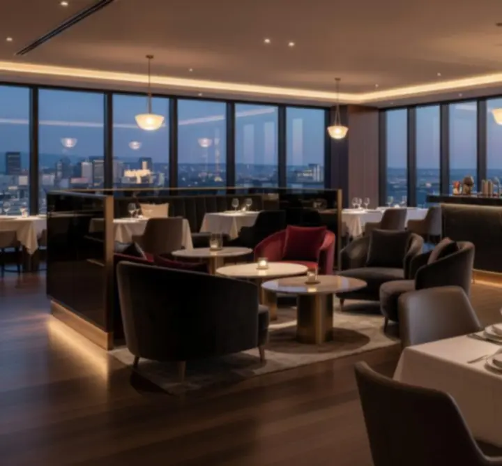 Wnętrze restauracji Strefa Live z ciepłym oświetleniem i strefą lounge